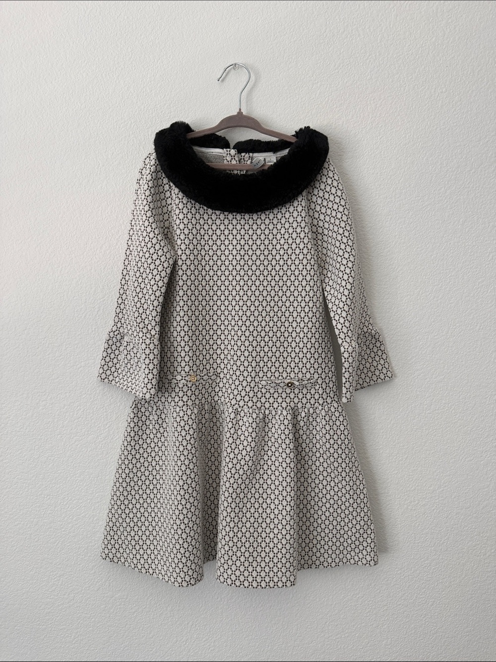 Janie and Jack Girls Black & White Patterned Dress with Faux Fur Collar